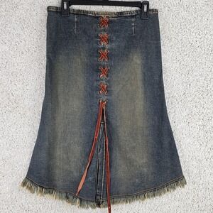 Vintage Y2K LEI Denim Fringe Skirt Size 7 Cowgirl Festival Western Tassles Knee
